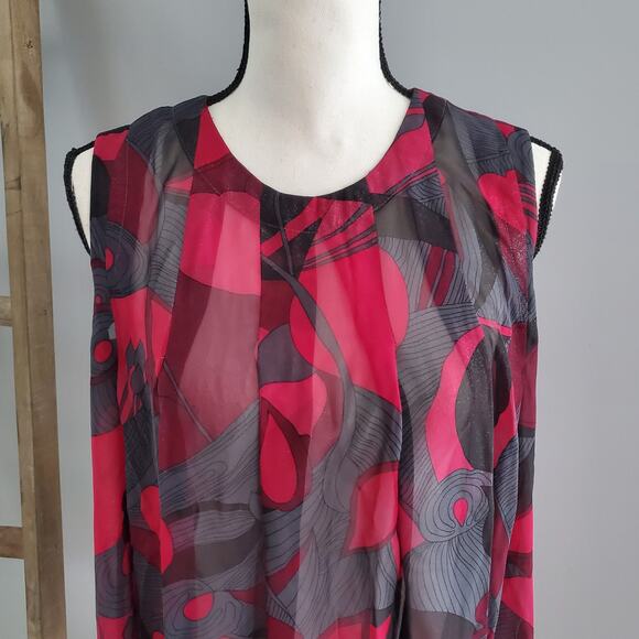 Mix It Red Black Sleeveless Sheer Floral Pleated Front Top Size M - Picture 3 of 6